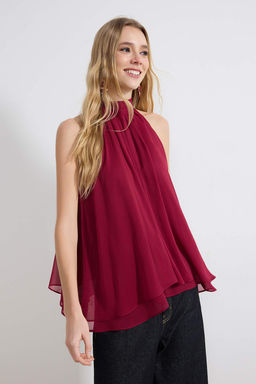 Visne Yakas? Baglama Detayl? Ucus Ucus Astarl? Sifon Dokuma Bluz TWOSS26BZ00328