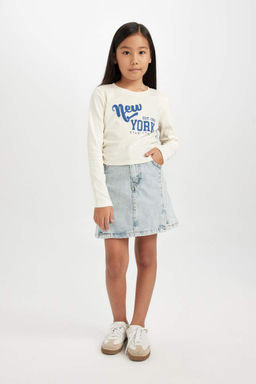 Укороченная футболка с длинными рукавами в рубчик с принтом и круглым вырезом для девочек - Defacto фото 2