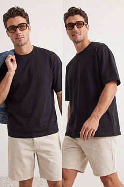 Unisex Siyah-Siyah Oversize 2li Paket Basic %100 Pamuklu T-Shirt TMNSS24TS00038