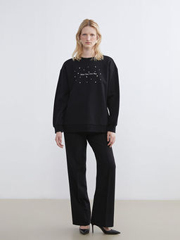 Bisiklet Yaka Ta?l? Kad?n Kal?n Sweatshirt