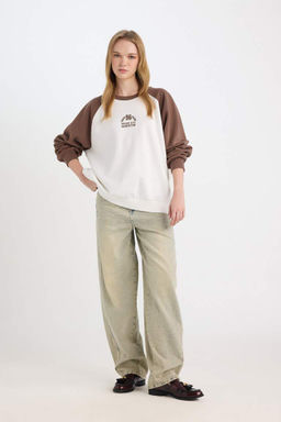 Женская классная толстовка свободного покроя с круглым вырезом и цветным принтом - Defacto фото 2