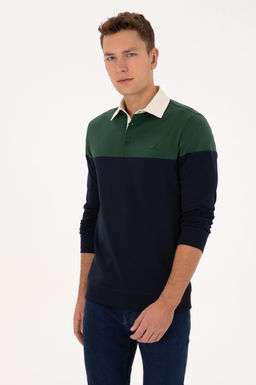 Erkek Regular Fit Polo Yaka Koyu Ye_il Sweatshirt
