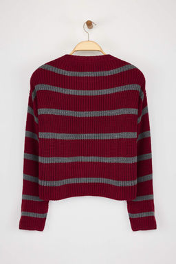 Bordo Crop Basic Genis Kal?p Cizgili Triko Kazak TWOAW23KZ00390