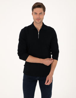 Siyah Slim Fit K_vr_lmaz Fermuarl_ Polo Yaka Basic Pike Sweatshirt - Pierre cardin фото 3