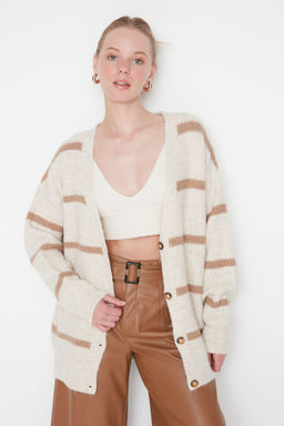 Ekru Genis Kal?p Yumusak Dokulu Cizgili Triko H?rka TWOAW23HI00191