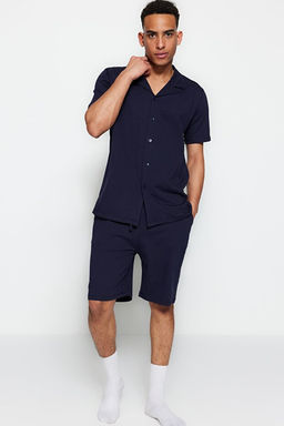 Lacivert Unisex Regular Fit Apa_ Yaka _ortlu Pijama Tak_m_ TMNSS23PT00007