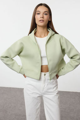 Mint Fermuarl? Kapusonlu Rahat Kesim Crop Kal?n Ici Polarl? Orme Sweatshirt TWOAW20SW0660