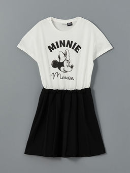 Bisiklet Yaka Minnie Mouse Bask?l? K?z ?ocuk Elbise