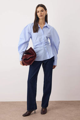 Trendyolmilla Ac?k Sar? Balon Kol Detayl? Bele Oturan Fitted Gomlek TWOSS25GO00155 фото 5