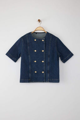 Koyu Mavi Dugme Detayl? K?sa Kol Denim Ceket TWOAW26CE00005 - Trendyolmilla фото 5