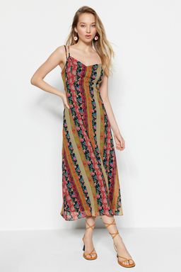 TRENDYOLMILLA Cok Renkli Desenli A-Kesim Ask?l? Midi Astarl? Dokuma Elbise TWOSS23EL00989 фото 6
