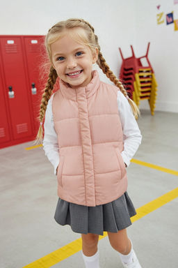 Pembe Duz/Basic Dik Yaka Regular Fit K?z Cocuk Sisme Yelek TKDAW26YE00000