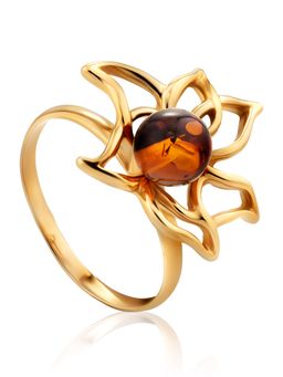 Изящное кольцо из позолоченного серебра с янтарём Лотос
