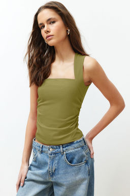 Trendyolmilla Siyah Duz Kare Yaka Ask?l? Buzgulu Fitted/Vucuda Oturan Esnek Orme Bluz TWOSS24BZ00400  фото 6