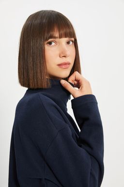 Lacivert Selanik/Triko Gorunumlu Fermuarl? Yaka Regular/Normal Kal?p Orme Sweatshirt TWOAW22SW0732