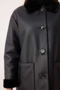 Siyah Suni Deri Ici Kurklu Mono Kapama Oversize Midi Kaban TWOAW26KB00007 - Trendyolmilla фото 6