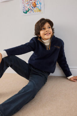 Yar_m Bal_k__ Yaka Fermuarl_ Nak__l_ __i Yumu_ak T_yl_ Polar Sweatshirt Erkek _ocuk