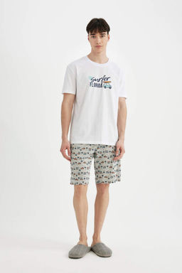 Regular Fit Bask?l? K?sa Kollu Sortlu Pijama Tak?m? - Defacto фото 2