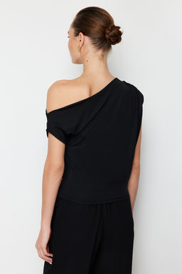 Siyah Regular/Normal Kal?p Asimetrik Yaka S?f?r Kol C?tc?tl? Esnek Orme Bluz TWOSS24BZ00396