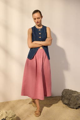 TRENDYOLMILLA Beyaz %100 Keten Beli Lastikli Midi Etek TWOSS24ET00153