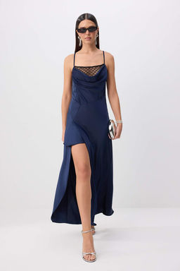Lacivert Degaje Yaka Slip Maxi Elbise TPRSS26EL00035