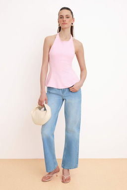 Ac?k Pembe Fitted/Vucuda Oturan Boyundan Baglamal? Kolsuz Interlok Orme Bluz TWOSS26BZ00665 - Trendyolmilla фото 2