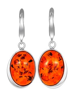 Стильные крупные серьги из натурального коньячного янтаря с серебром Глянец