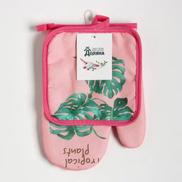 Кухонный набор 2 предмета Доляна Tropical цвет розовый прихватка 17х17 см, варежка 25х16 см,100% п/э  фото 6