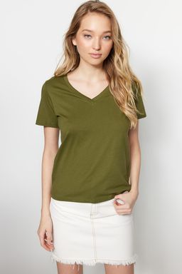 Haki-Bej %100 Pamuk 2li Paket Basic V Yaka Orme T-Shirt TWOSS23TS00002