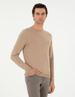 Bej Slim Fit Ka_mir _pek Kar___ml_ Bisiklet Yaka Triko Kazak