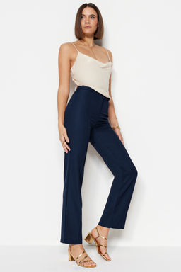 Lacivert Straight/Duz Kesim Yuksek Bel Nervur Dikisli Dokuma Pantolon TWOSS21PL0093
