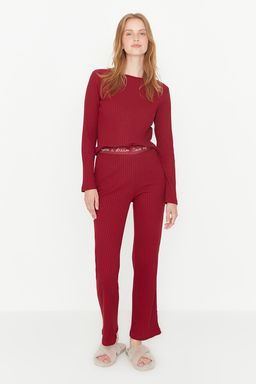 Bordo Slogan Lastik Detayl? Fitilli Orme Pijama Tak?m? THMAW21PT0269