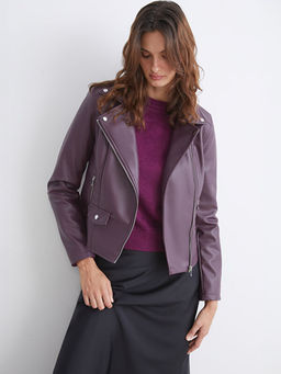 Biker Yaka Kad?n Deri G?r?n?ml? Ceket