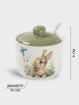 Сахарница с ложкой Доляна «Зайка», доломит, 10×9 см, 300 мл, белая