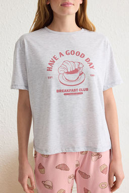 Trendyolmilla Gri Melanj %100 Pamuklu Slogan Bask?l? Orme Pijama Tak?m? THMSS25PT00162  фото 3