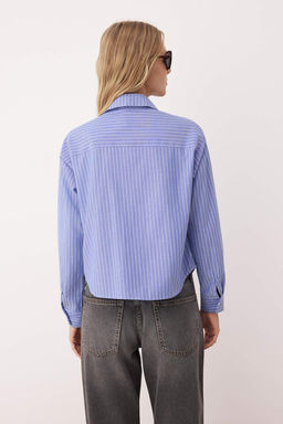 Mavi-Cok Renkli Ceket Yaka Oversize Cizgili Dokuma Gomlek TWOAW26GO00020