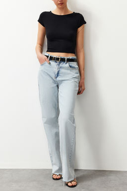 Siyah Crop Fitted Orme T-Shirt TEDSS24TS00017