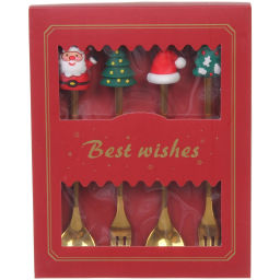 Набор для десерта "Дед Мороз и Ёлка" 4предмета (2ложки+2вилки) в подарочной коробке,золото