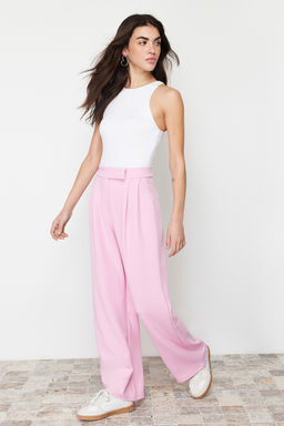 Pembe C?rt C?rt Kapamal? Yuksek Bel Pileli Wide Leg/Genis Kesim Orme Pantolon TWOAW24PL00177