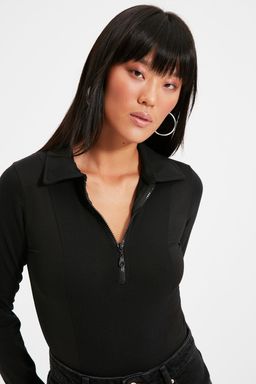 TRENDYOLMILLA Siyah Fermuarl? Polo Yaka Fitted/Vucuda Oturan Esnek C?tc?tl? Orme Body TWOAW21BD0066  фото 3