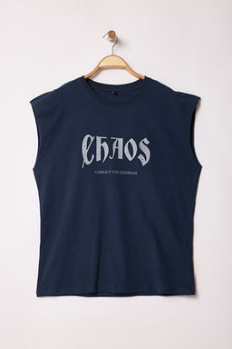 Lacivert Oversize/Geni_ Kesim Chaos Bask_l_ %100 Pamuk Atlet TMNSS25AL00006 - Trendyolmilla фото 2