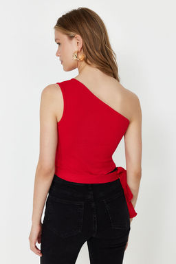 K?rm?z? Tek Omuz Fitted/Vucuda Oturan Baglama Detayl? Fitili Orme Bluz TWOSS22BZ1558