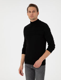 Siyah Slim Fit Yar_m Bal_k__ Yaka Triko Kazak