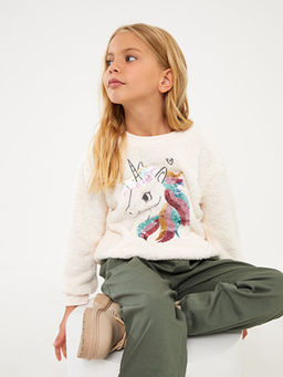 Bisiklet Yaka Pul ??lemeli Pel?? K?z ?ocuk Sweatshirt