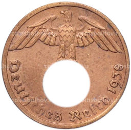 Монета 1 рейхспфенниг 1938 года A Германия