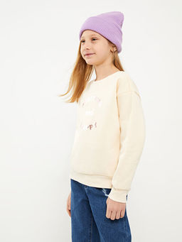 Bisiklet Yaka Bask?l? Uzun Kollu K?z ?ocuk Sweatshirt