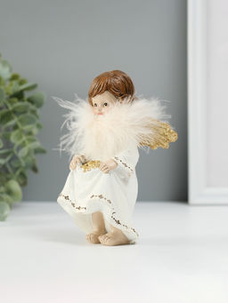 Фигурка полистоун «Ангелочек со звёздами в подоле», пух, золотые крылья, 8.5×7×13 см