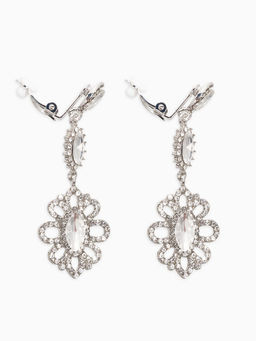 Клипсы для ушей висячие со стразами QF Ажур в стразах, эллипс, цвет белый в серебре