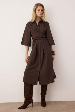 Vucut Secmeyen Koyu Kahverengi Bel Kusak Detayl? Dokuma Elbise TWOAW26EL00243 - Trendyolmilla фото 2