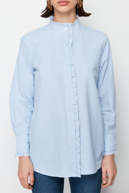 TRENDYOLMILLA Mavi Cizgili Pat? ve Yakas? F?rf?r Detayl? Dokuma Gomlek TWOSS24GO00083  фото 4